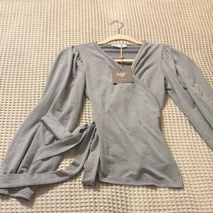 Blank NYC Black and white Gingham Wrap Blouse with Puff Sleeves NWT!!!